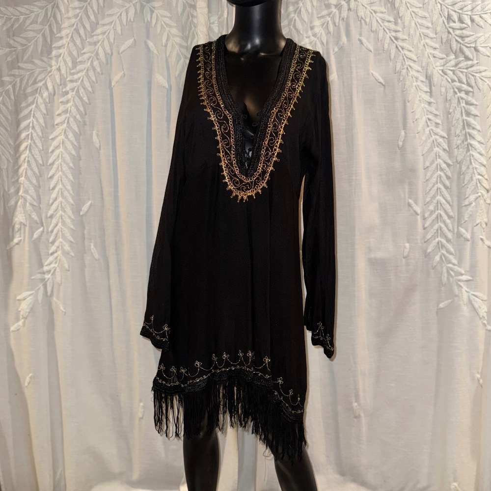 Black Embroidered Caftan Top with Fringe by Badia Design – Size L